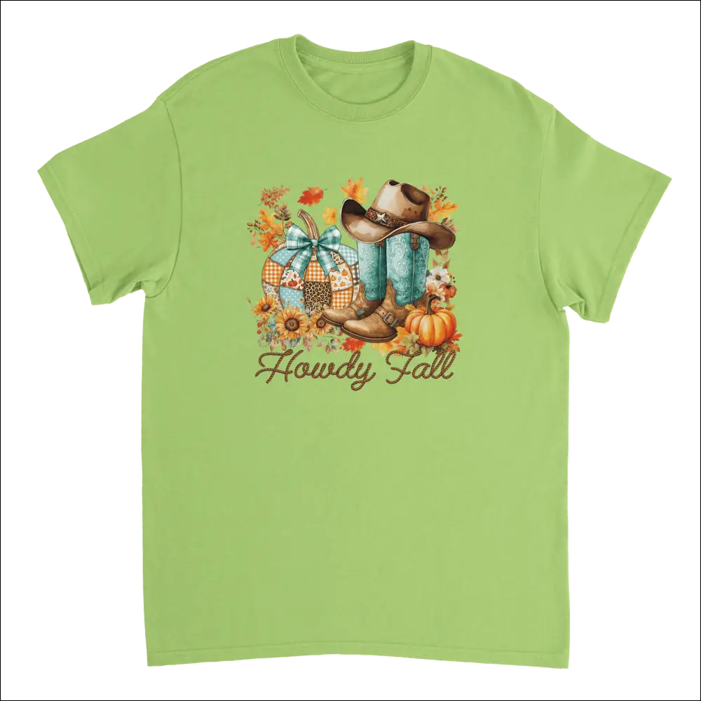Light green Howdy Fall t-shirt with autumn cowboy boots, hat, and pumpkins