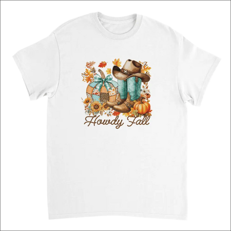 White cotton Howdy Fall t-shirt with watercolor cowboy boots, hat, and pumpkins