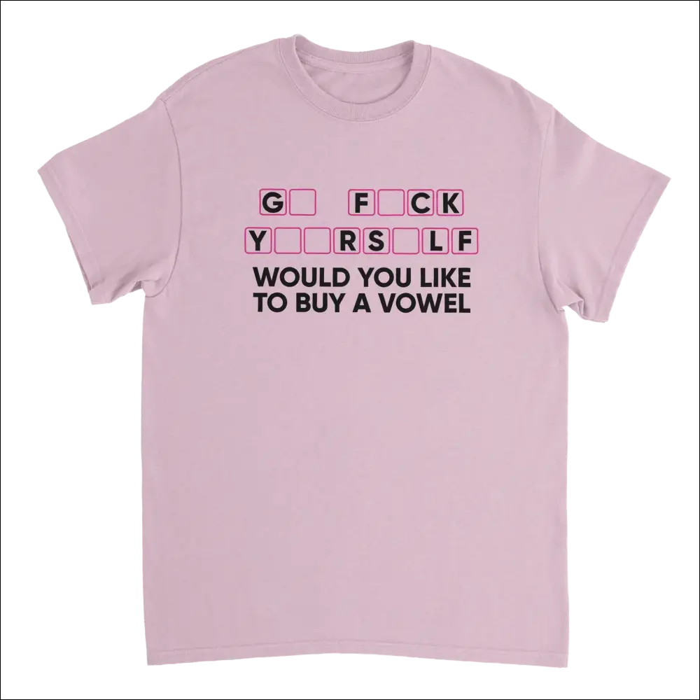 Light pink short-sleeved t-shirt with Would You Like to Buy a Vowel? graphic by Attitude Apparel