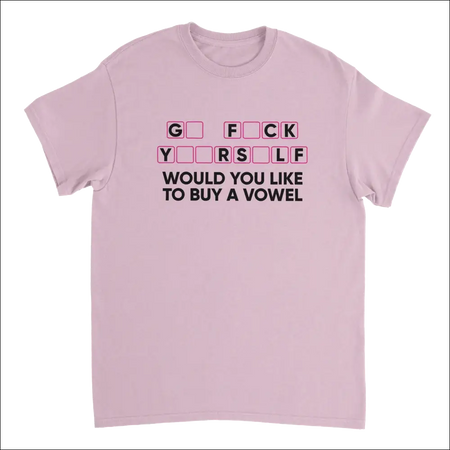 Light pink short-sleeved t-shirt with Would You Like to Buy a Vowel? graphic by Attitude Apparel