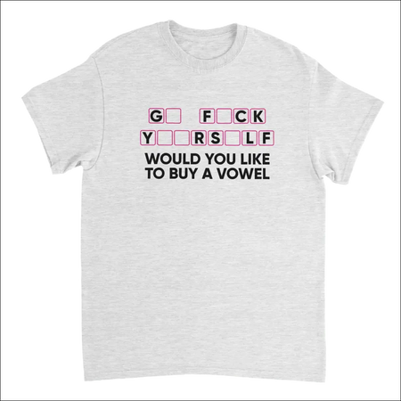 Heather gray cotton t-shirt with playful Would You Like to Buy a Vowel phrase in black and pink lettering