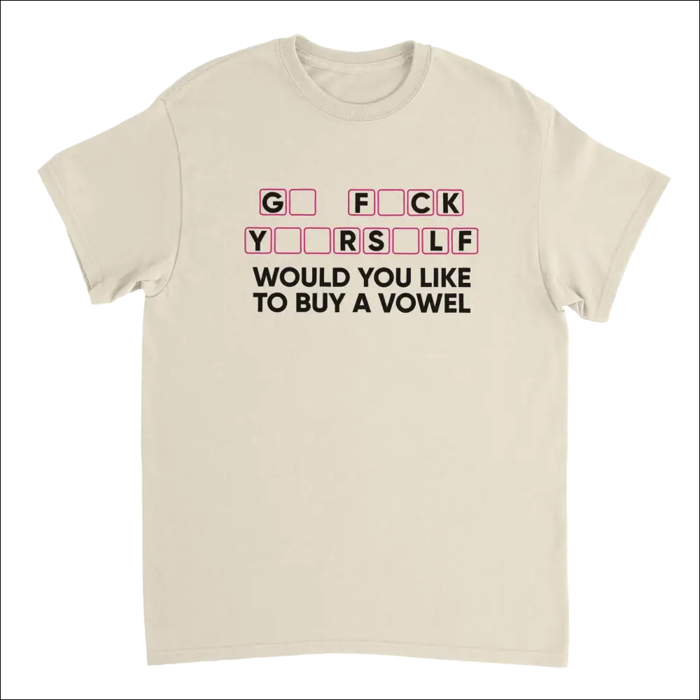 Cream t-shirt with bold black pink Would You Like to Buy a Vowel design
