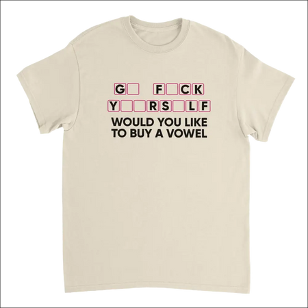 Cream t-shirt with bold black pink Would You Like to Buy a Vowel design