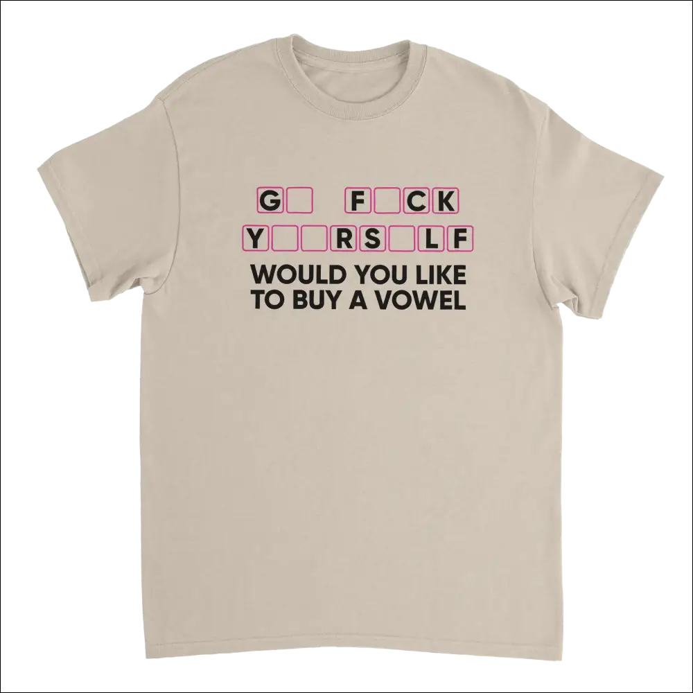 Beige short-sleeved Humorous T-Shirt with Would You Like to Buy a Vowel puzzle graphic