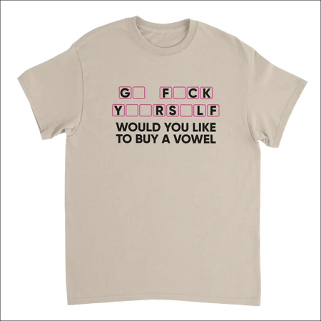 Beige short-sleeved Humorous T-Shirt with Would You Like to Buy a Vowel puzzle graphic