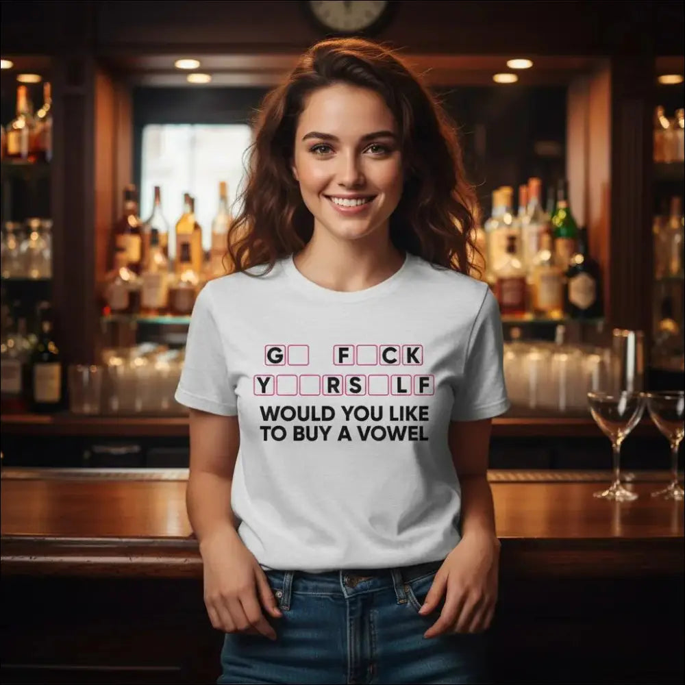 White cotton t-shirt with bold black text and pink outlined letters reading g fck yrs lf would you like to buy a vowel humorous attitude apparel