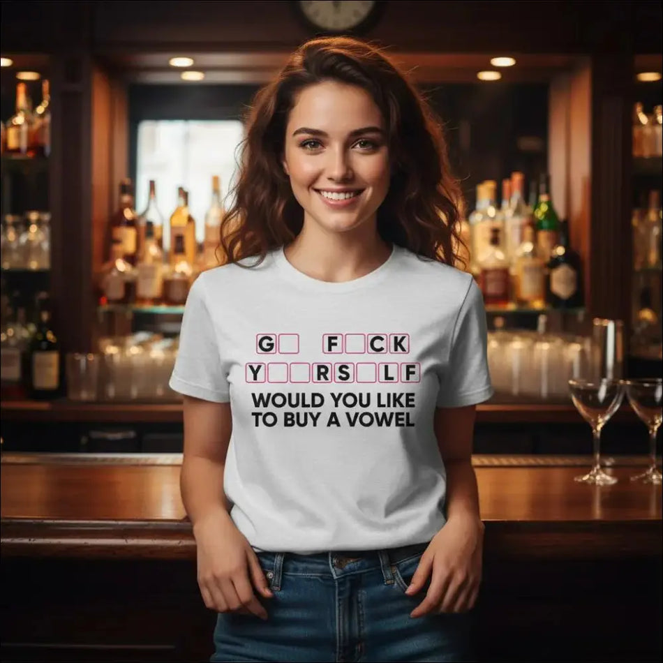 White cotton t-shirt with bold black text and pink outlined letters reading g fck yrs lf would you like to buy a vowel humorous attitude apparel