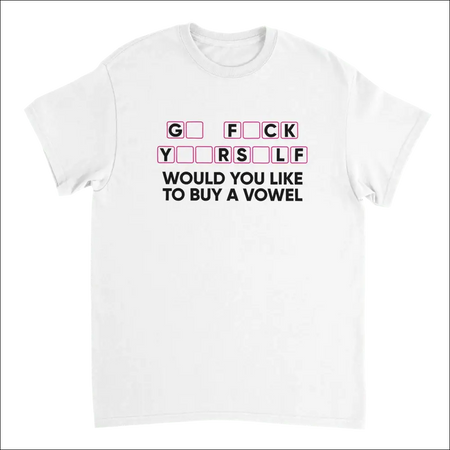 White cotton t-shirt with bold humorous GFC KYR SLF print and buy a vowel text