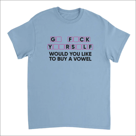 Light blue cotton t-shirt with playful Would You Like to Buy a Vowel graphic in pink and black lettering from Attitude Apparel
