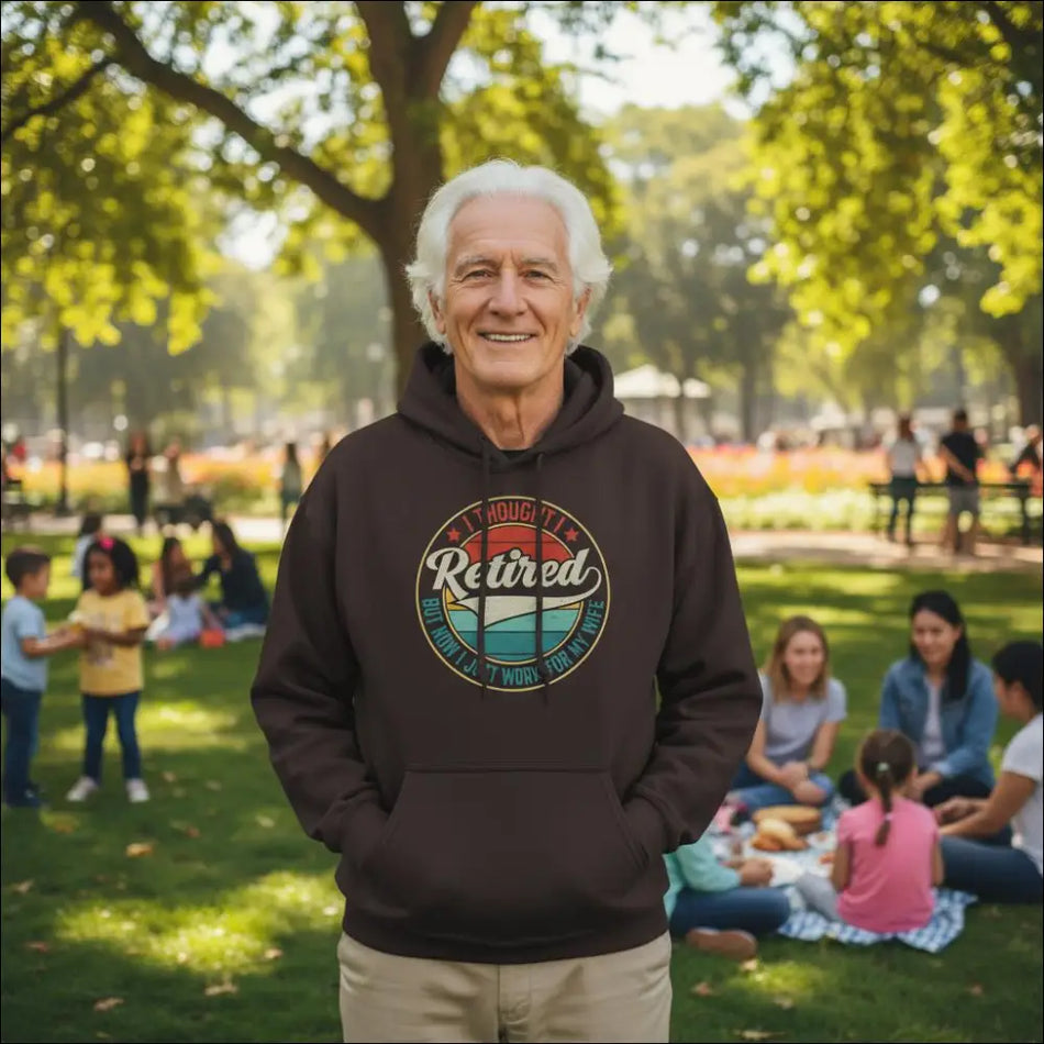 Dark brown unisex hoodie with Retired sunburst graphic