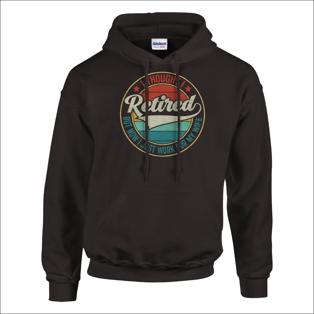 Black Gildan unisex hoodie with vintage Retired graphic in red teal stripes