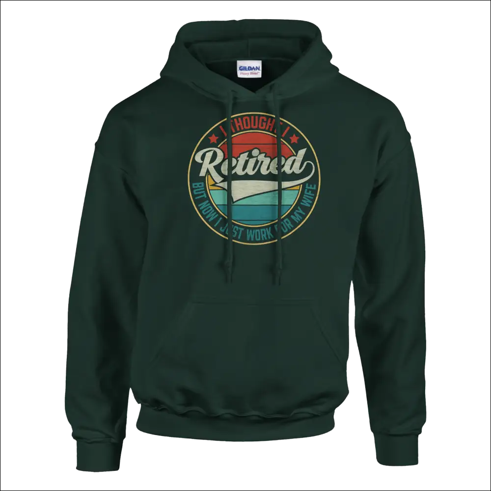 Dark green Gildan hoodie with Retired vintage graphic in red teal stripes