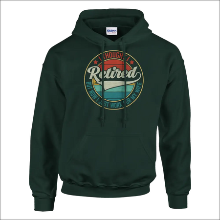 Dark green Gildan hoodie with Retired vintage graphic in red teal stripes