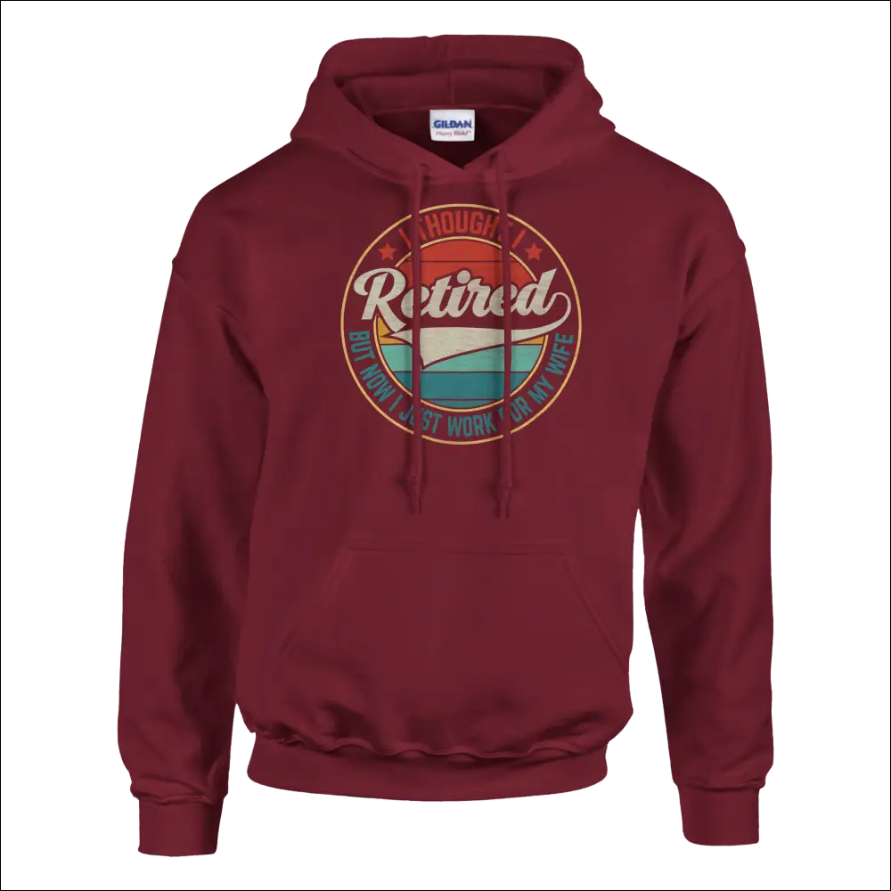 Maroon Gildan unisex hoodie with retired vintage graphic