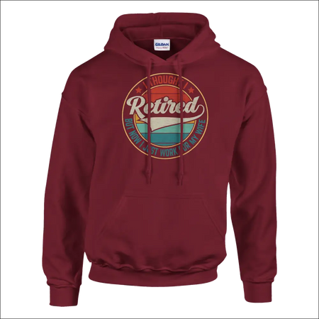 Maroon Gildan unisex hoodie with retired vintage graphic