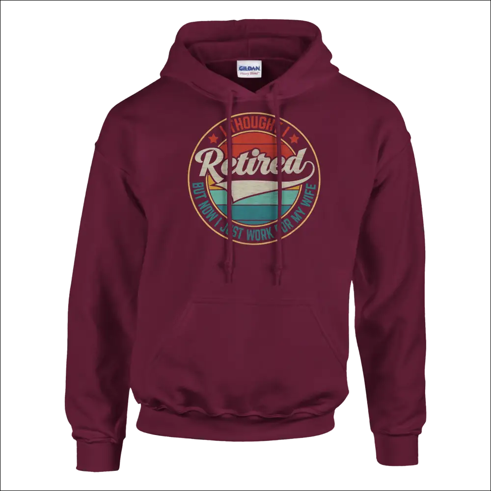 Maroon Gildan retired beach hoodie with vintage circular graphic