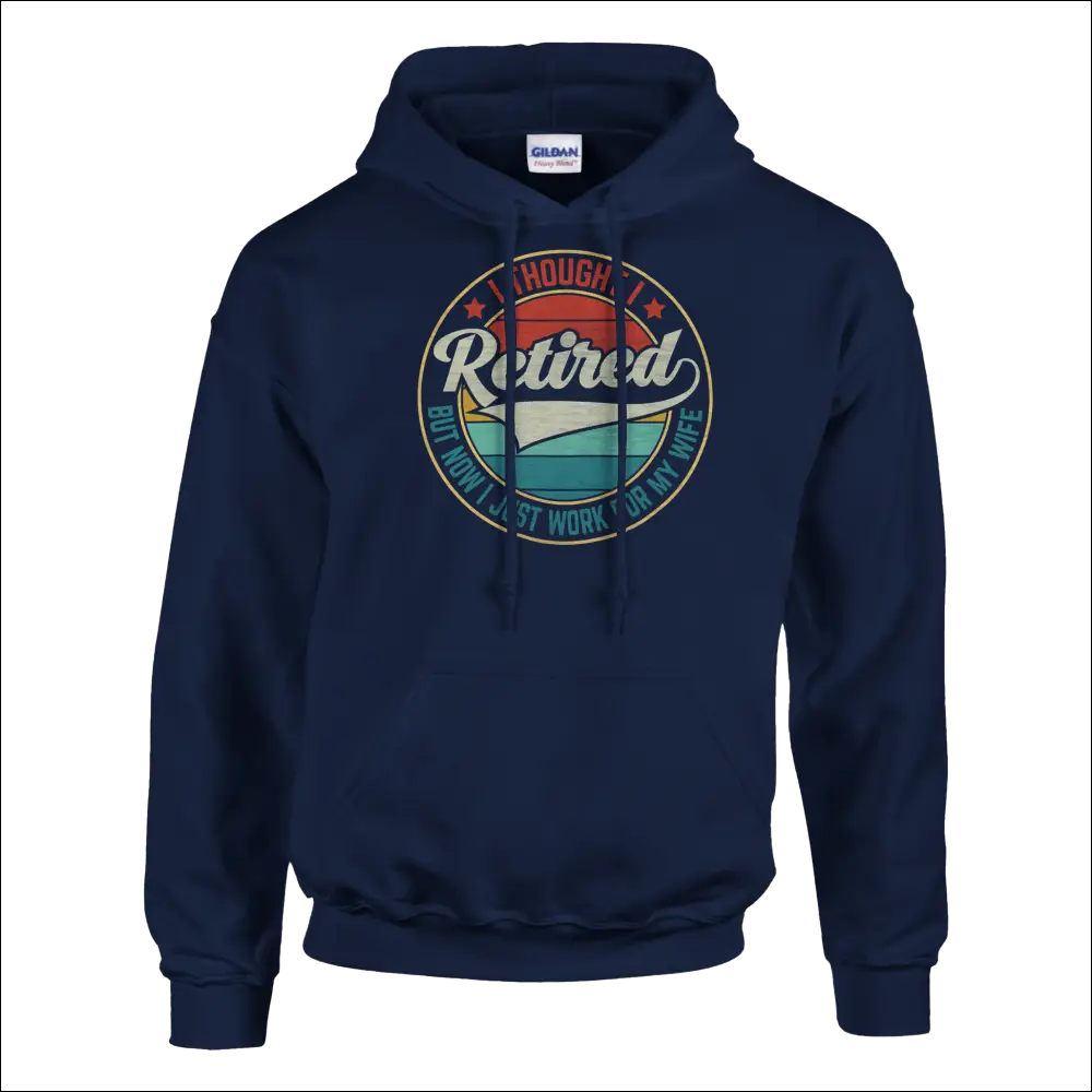 Navy blue Gildan unisex hoodie with retro retired for wife sunset design