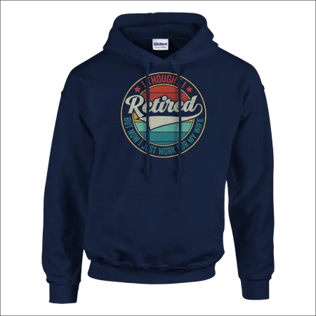 Navy blue Gildan unisex hoodie with retro retired for wife sunset design