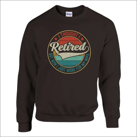 Dark brown crewneck sweatshirt with vintage retirement graphic for wife