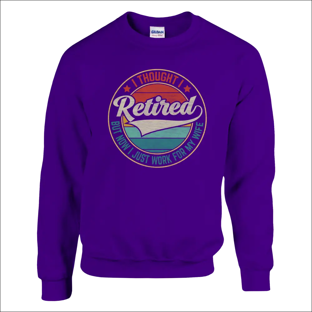 Purple Gildan retired sweatshirt with retro sunset ocean design
