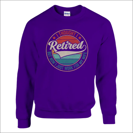 Purple Gildan retired sweatshirt with retro sunset ocean design