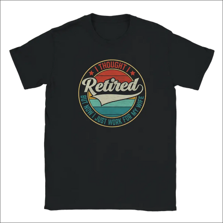 Black retired t-shirt with vintage graphic and wife joke text