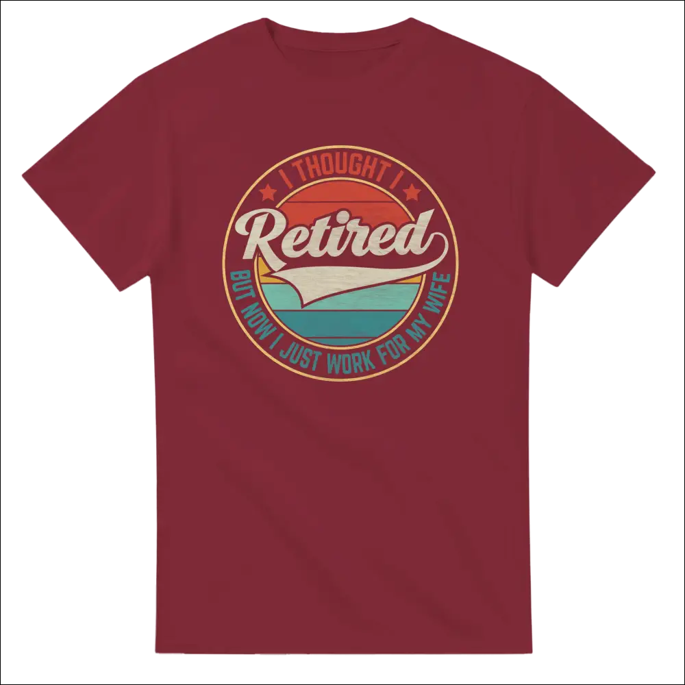 Maroon unisex cotton t-shirt with vintage retirement graphic on sunset background