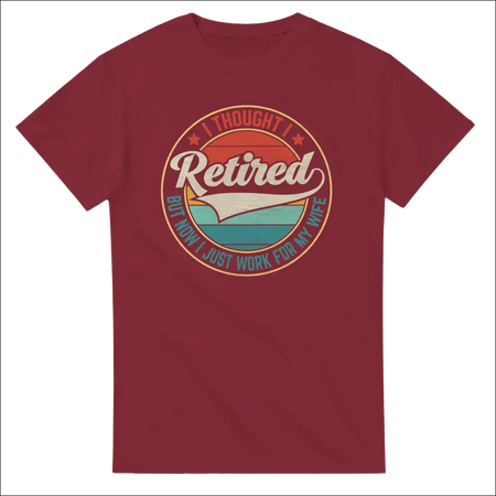 Maroon unisex cotton t-shirt with vintage retirement graphic on sunset background