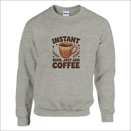 Heather gray Instant Mom Coffee sweatshirt with coffee cup graphic