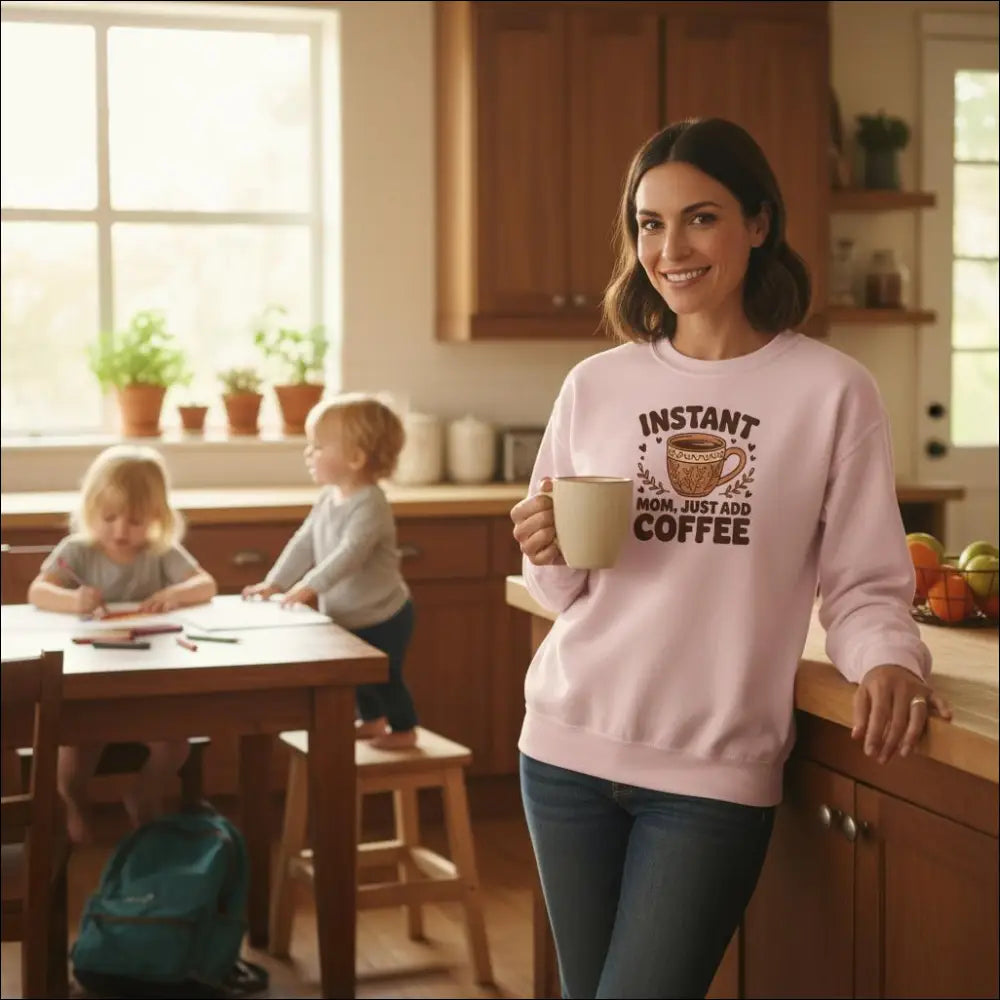 Pink Instant Mom Coffee Sweatshirt with graphic and cup illustration