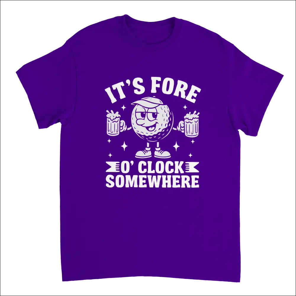 Purple short-sleeved t-shirt with cartoon golf ball holding beer mugs and It’s Fore O’Clock Somewhere text