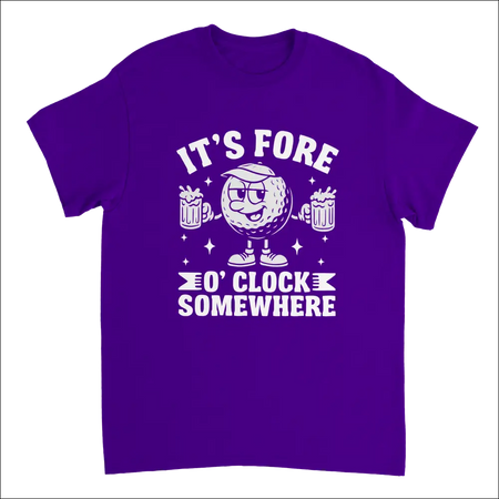 Purple short-sleeved t-shirt with cartoon golf ball holding beer mugs and It’s Fore O’Clock Somewhere text