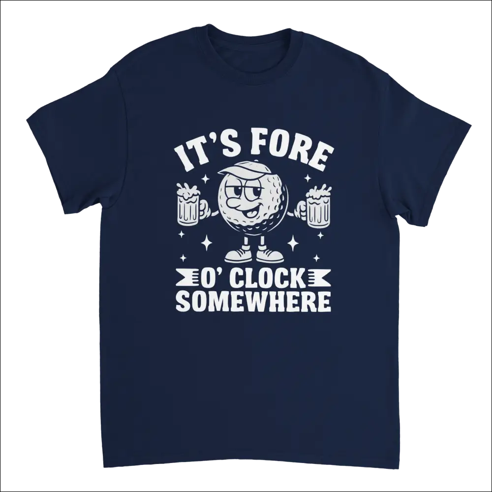 Navy blue golf t-shirt with cartoon ball holding beer mugs and It’s Fore O’Clock Somewhere text