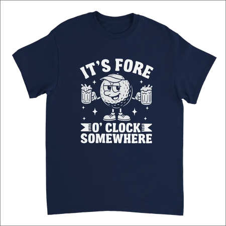 Navy blue golf t-shirt with cartoon ball holding beer mugs and It’s Fore O’Clock Somewhere text