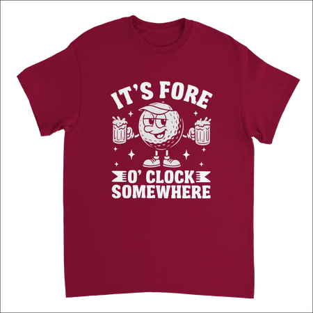 Maroon short-sleeve golf t-shirt with cartoon ball holding beer mugs and It’s Fore O’Clock Somewhere text