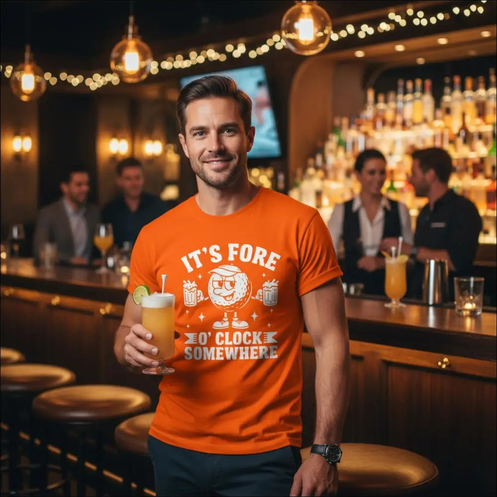 Orange t-shirt with golf graphic and It’s Fore O’Clock Somewhere text