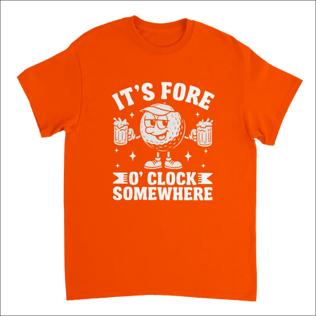 Bright orange golf t-shirt with cartoon ball holding beer mugs and Its Fore OClock Somewhere text