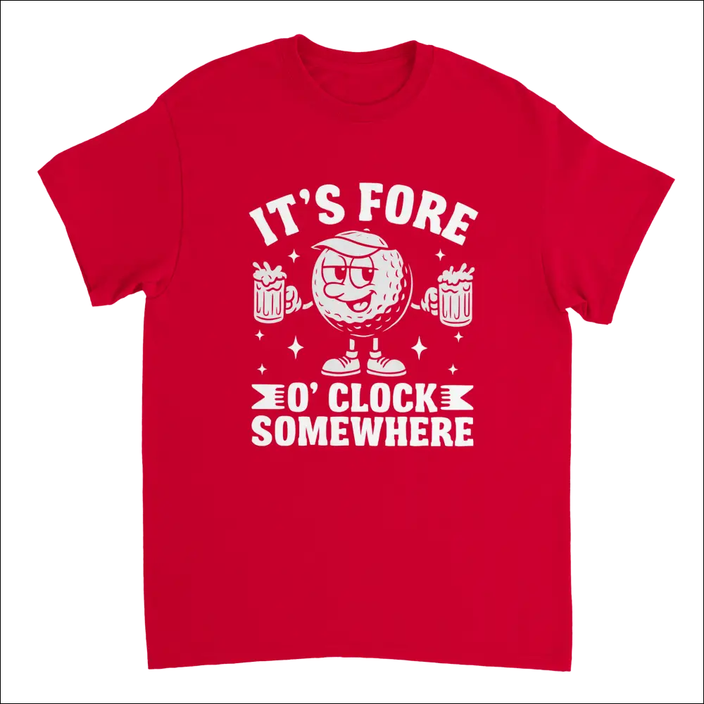 Red short-sleeved t-shirt with cartoon golf ball holding beer mugs and It’s Fore O’Clock Somewhere text