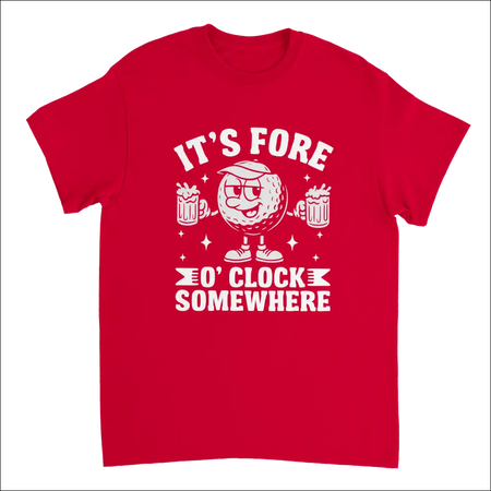 Red short-sleeved t-shirt with cartoon golf ball holding beer mugs and It’s Fore O’Clock Somewhere text