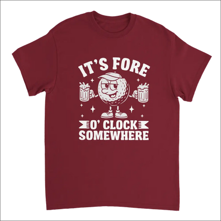 Maroon short-sleeve Its Fore OClock Somewhere golf t-shirt with cartoon golf ball graphic