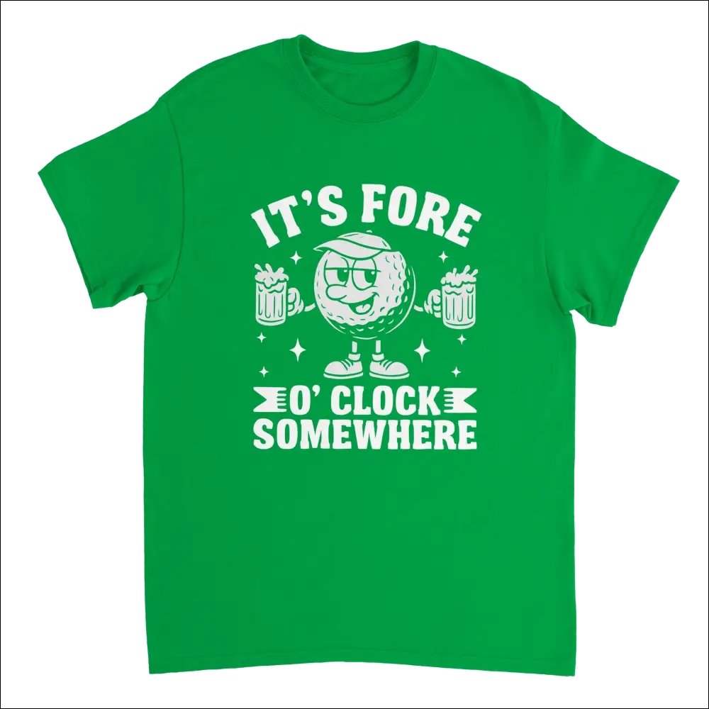 Vibrant green It’s Fore O’Clock Somewhere golf t-shirt with cartoon ball and beer mugs