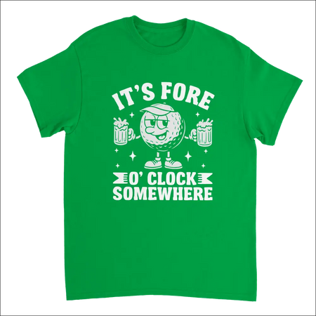 Vibrant green It’s Fore O’Clock Somewhere golf t-shirt with cartoon ball and beer mugs