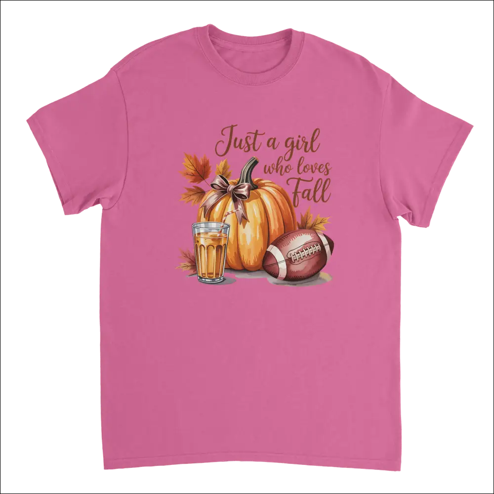 Pink short-sleeved t-shirt with fall graphic: orange pumpkin, football, cider