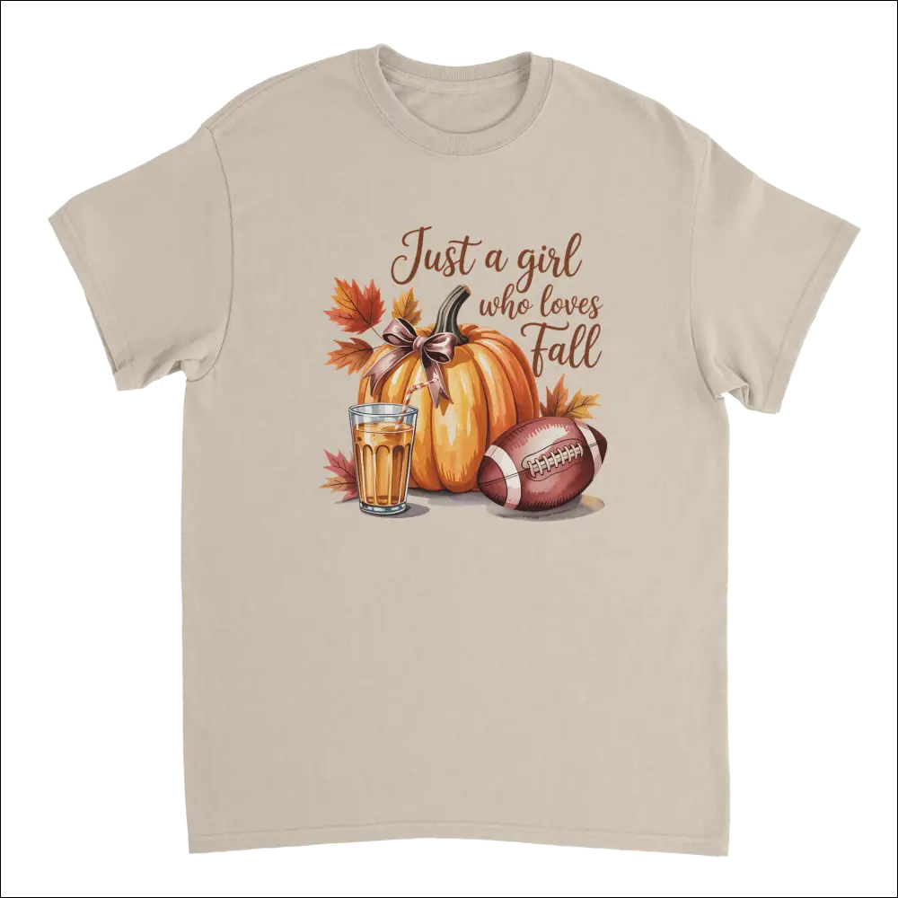 Beige short-sleeved fall t-shirt with pumpkin, leaves, football, cider graphic