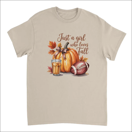 Beige short-sleeved fall t-shirt with pumpkin, leaves, football, cider graphic