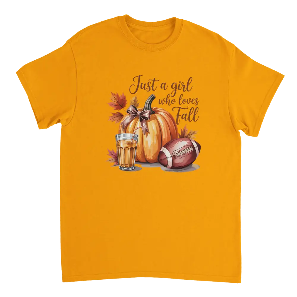 Vibrant orange Just a Girl Who Loves Fall t-shirt with pumpkin leaves football drink graphic