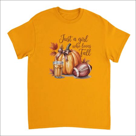 Vibrant orange Just a Girl Who Loves Fall t-shirt with pumpkin leaves football drink graphic