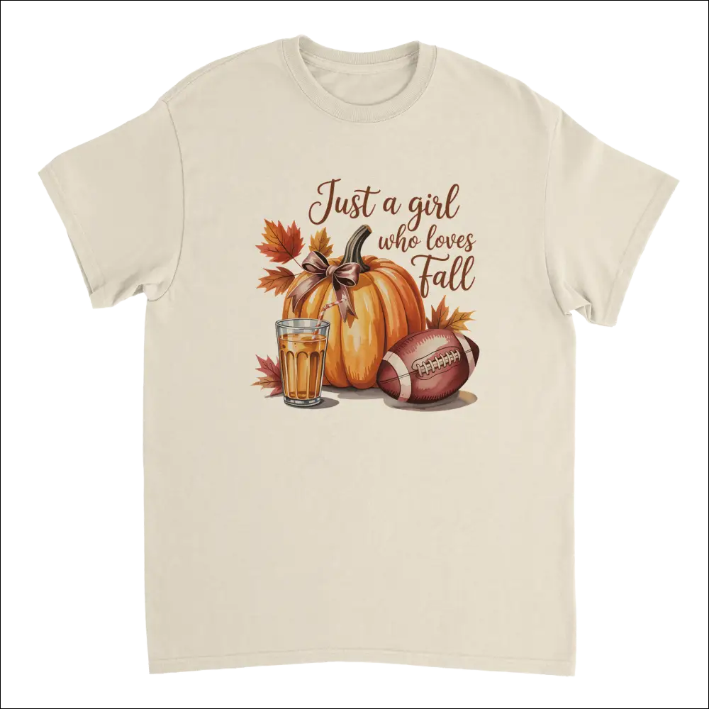Cream-colored cotton t-shirt with fall graphic: pumpkin, leaves, football, cider