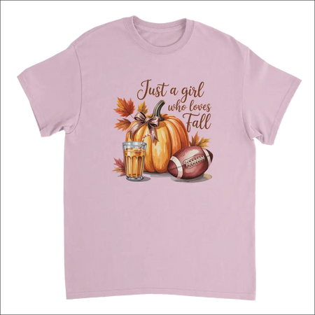 Soft pink short-sleeved fall t-shirt with pumpkin, football, cider graphic
