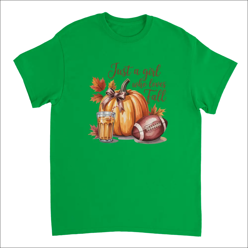 Vibrant green Just a Girl Who Loves Fall t-shirt with pumpkin, football, cider graphic